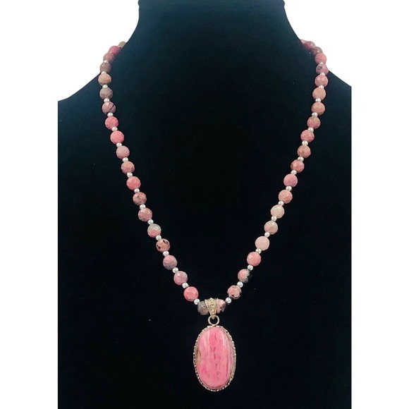 Handmade Jewelry - Sterling Silver pink Rhodondite pendant Faceted Bead Necklace Artisan